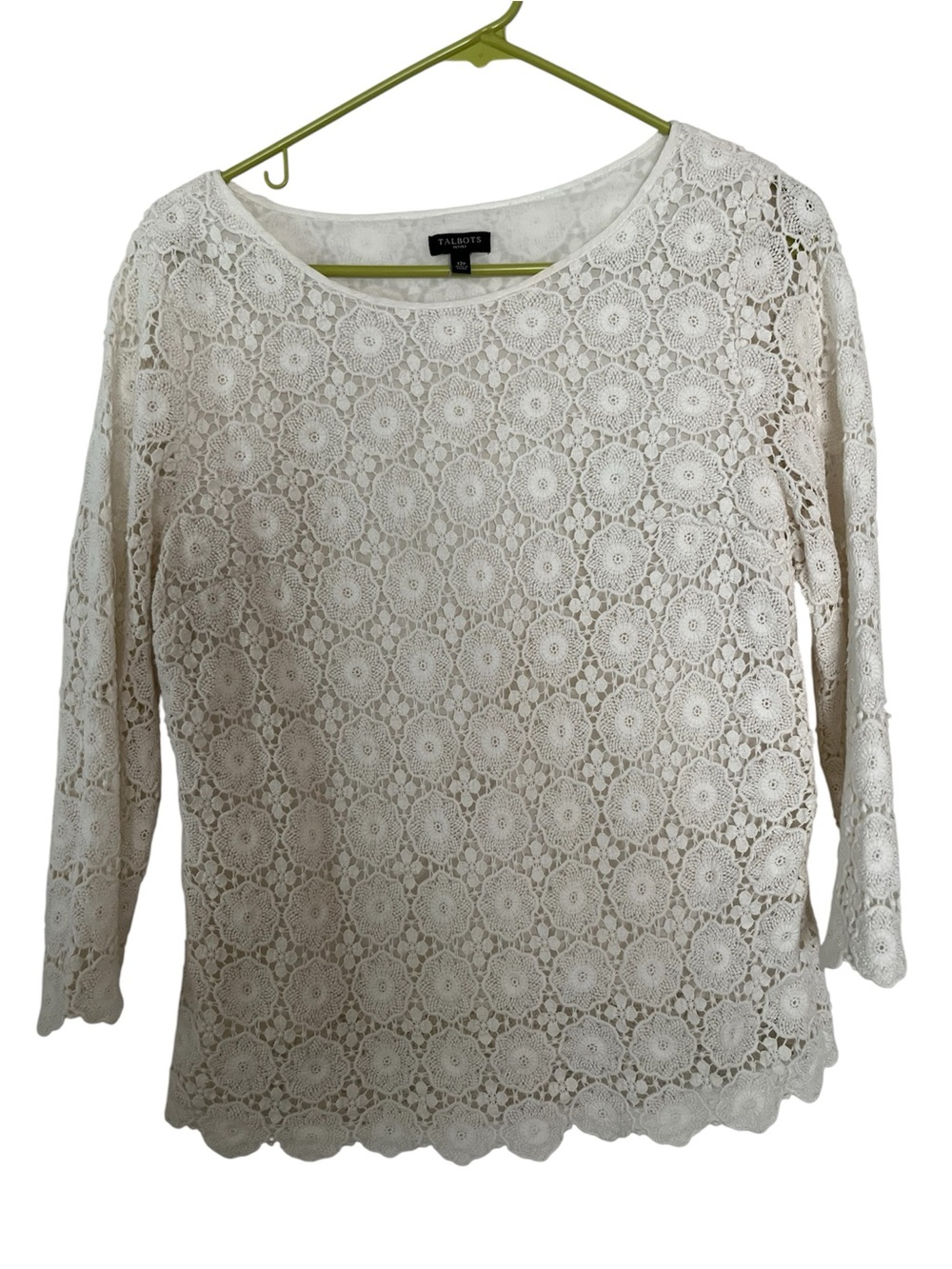 Talbots S12P White Crochet Floral Lace 3/4 Sleeve Top